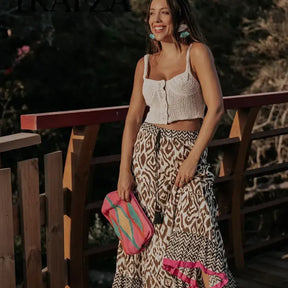 Saia Longa Boho com Estampa de Retalhos Rosa Bloumi