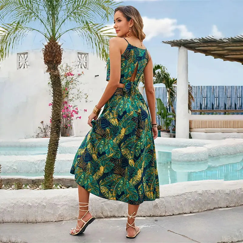 Vestido de praia sem costas feminino, sem mangas, estampa floral verde, oco, saia boêmia casual, férias de verão, conjunto de 2 peças