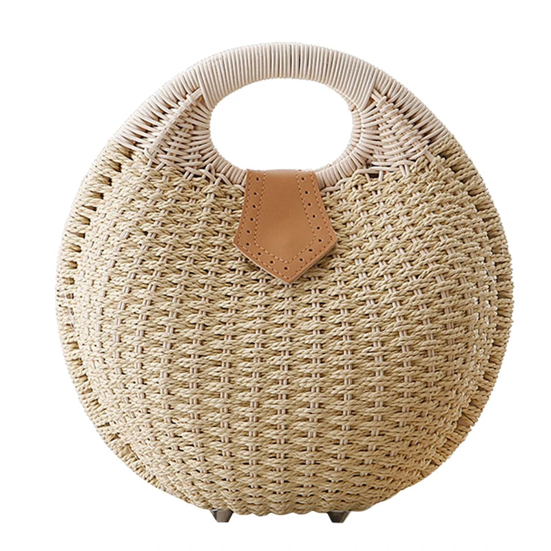 Bolsas Rattan Shell para Feminino, Tote Redonda Pequena Casual, Saco de Praia Tecido, Moda de Férias, Personalidade, Bonito