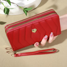 Carteira chique de couro falso, Double Zipper Security, Coin Purse e Card Slots, elegante Wristband Clutch para todos os dias