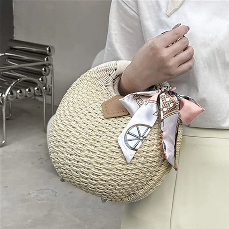 Bolsas Rattan Shell para Feminino, Tote Redonda Pequena Casual, Saco de Praia Tecido, Moda de Férias, Personalidade, Bonito