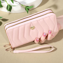 Carteira chique de couro falso, Double Zipper Security, Coin Purse e Card Slots, elegante Wristband Clutch para todos os dias