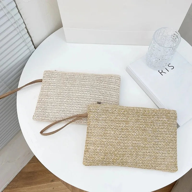 Boho estilo palha bolsa das mulheres, embreagem praia elegante, cor sólida