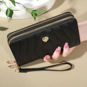 Carteira chique de couro falso, Double Zipper Security, Coin Purse e Card Slots, elegante Wristband Clutch para todos os dias