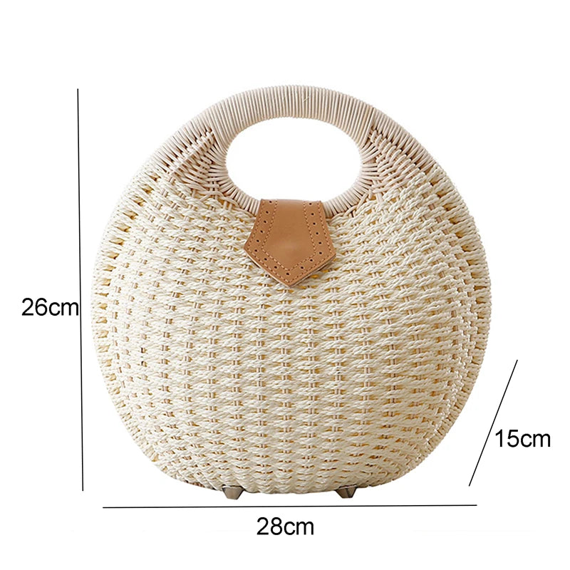 Bolsas Rattan Shell para Feminino, Tote Redonda Pequena Casual, Saco de Praia Tecido, Moda de Férias, Personalidade, Bonito