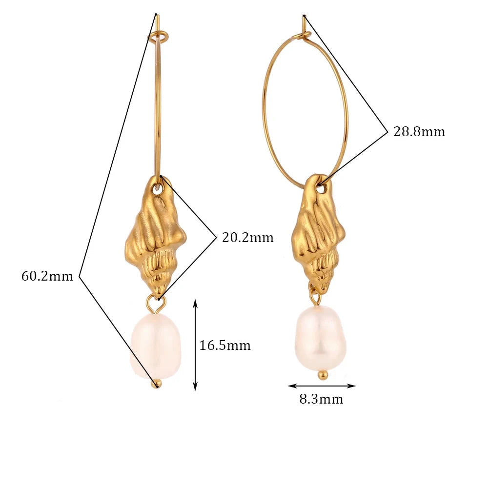 Água Doce Pérola Conch Circular Drop Brincos para Mulheres, Jóias Banhado a Ouro 18K, Aço Inoxidável 316L, Cor Prata