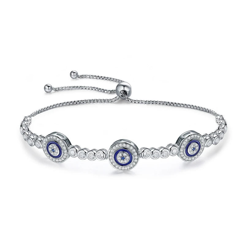 BAMOER-Luxo Round Blue Evil Eyes Tennis Bracelet, Genuine 925 Sterling Silver, Clear Cubic Zircon Cristal, Jóias, SCB002