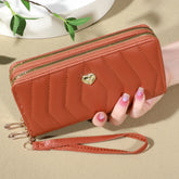 Carteira chique de couro falso, Double Zipper Security, Coin Purse e Card Slots, elegante Wristband Clutch para todos os dias