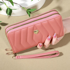 Carteira chique de couro falso, Double Zipper Security, Coin Purse e Card Slots, elegante Wristband Clutch para todos os dias