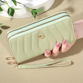 Carteira chique de couro falso, Double Zipper Security, Coin Purse e Card Slots, elegante Wristband Clutch para todos os dias