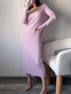 Vestido de Malha com Decote V e Manga Longa Rosa Bloumi