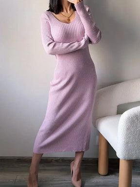 Vestido de Malha com Decote V e Manga Longa Rosa Bloumi