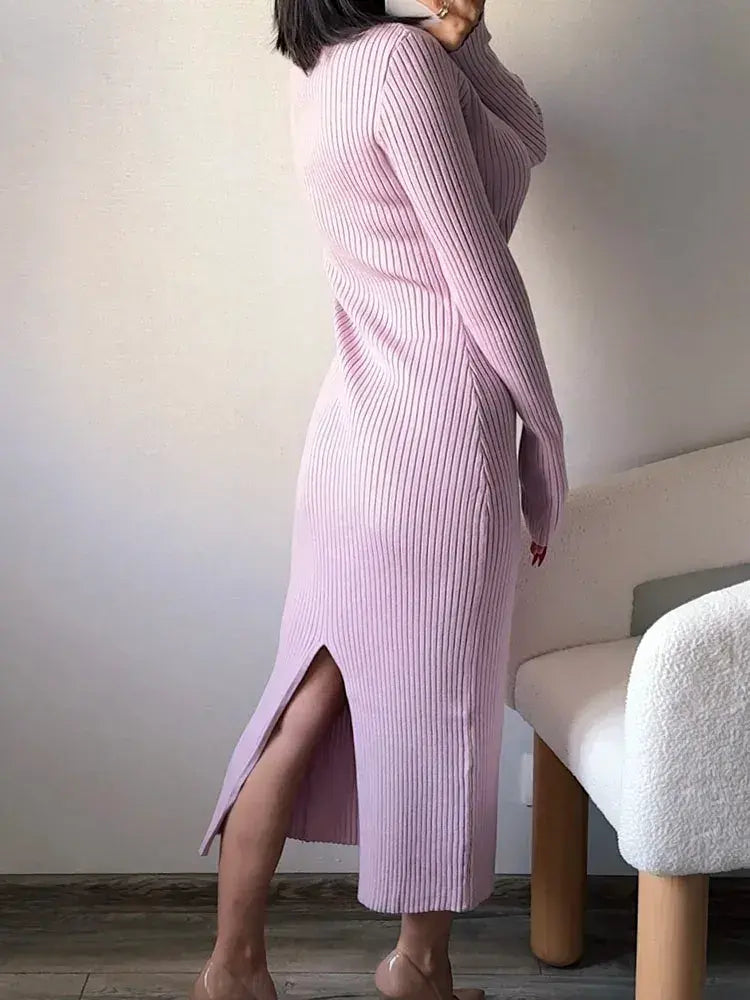 Vestido de Malha com Decote V e Manga Longa Rosa Bloumi